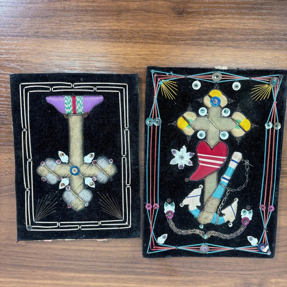 ANTIQUE ART DECO Greek Handmade Velvet Embroidery Devotional Nuns Convent Work